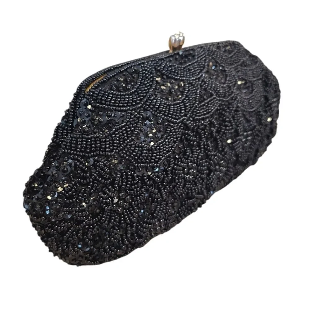 VTG 50s 60s Black Handmade Hong Kong‎ Beaded Sequins Kiss Lock Clutch